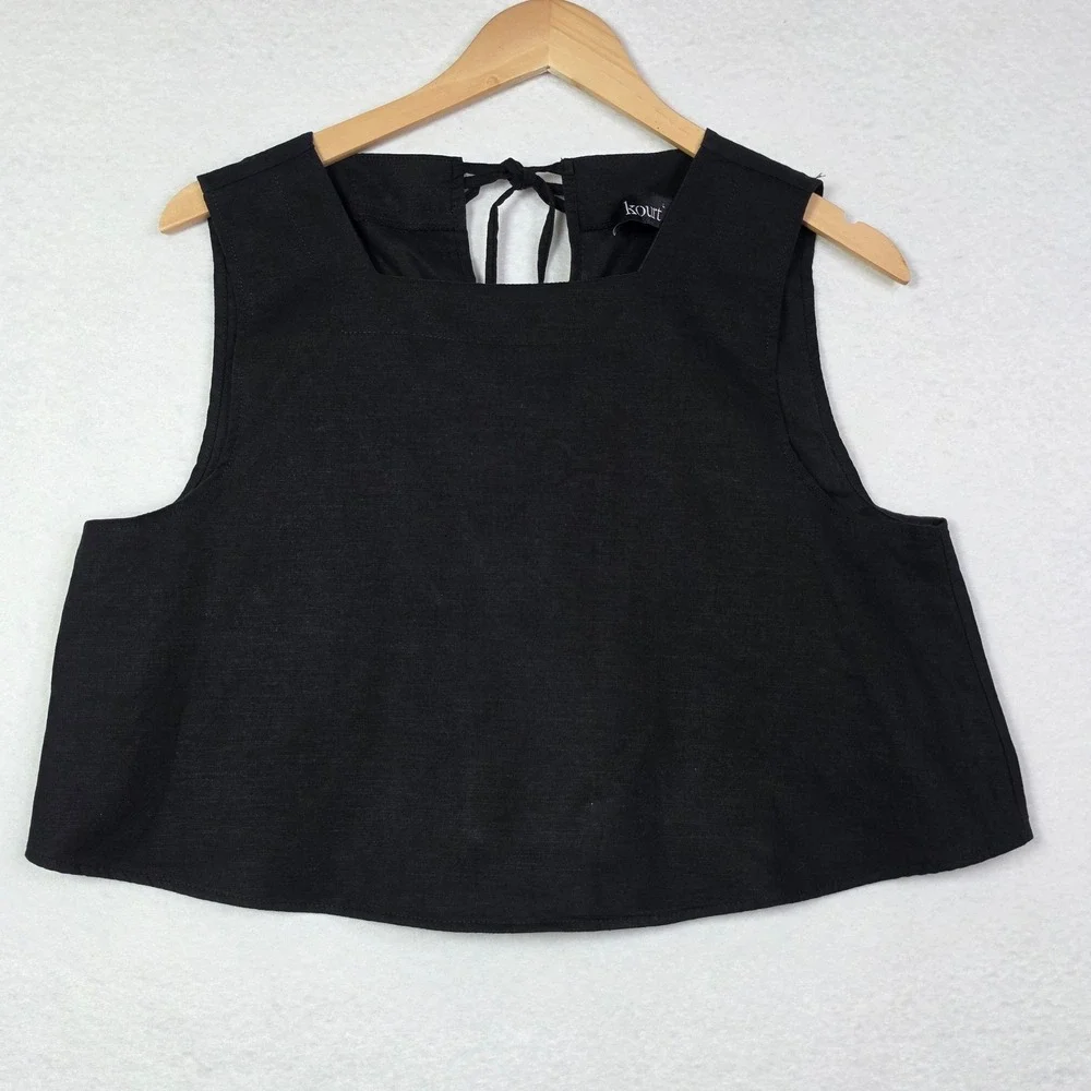 Kourt Womens Large Black Linen Blend Cropped Lace Up Back Tank Top